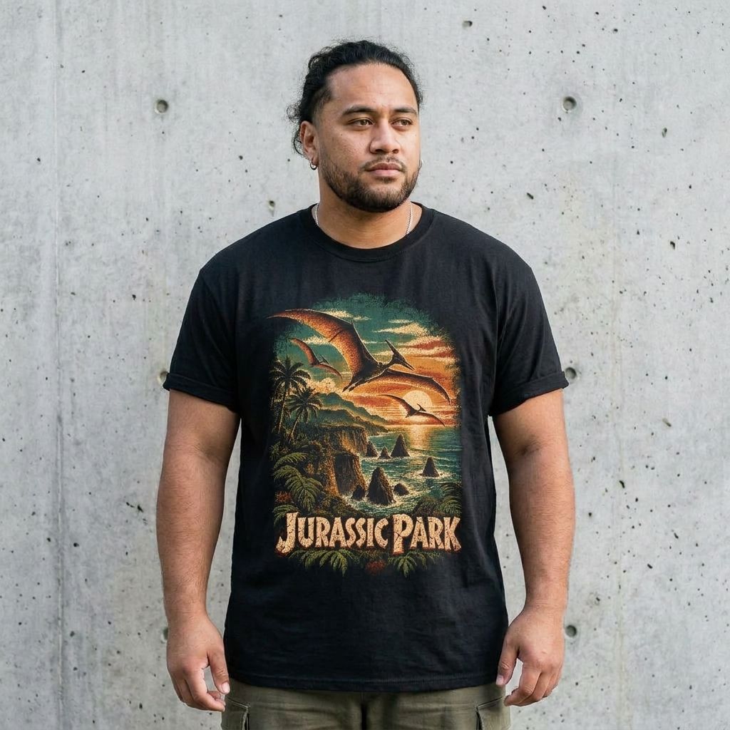 Model wearing Jurassic Park Vintage Sunset Tee against a cement wall