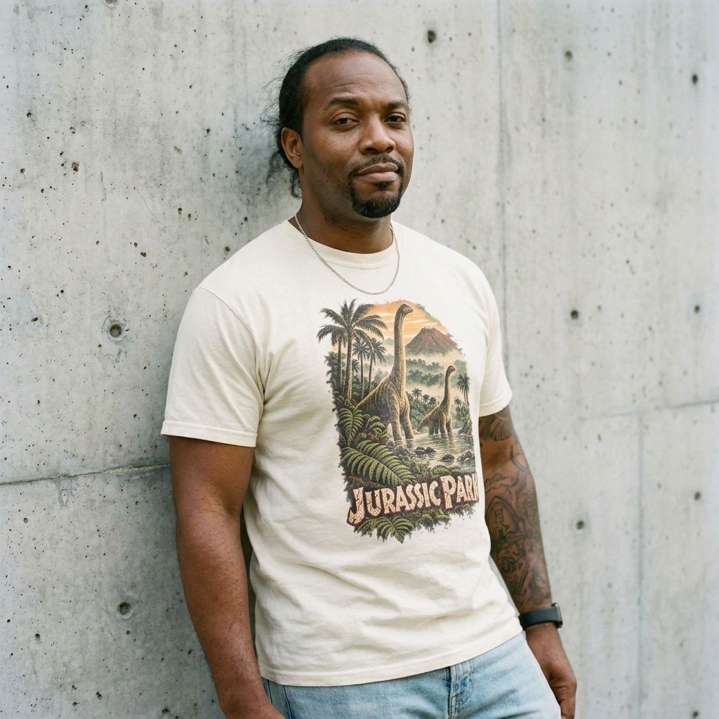 Model wearing Jurassic Park Brachiosaurus Graphic Tee against a cement wall