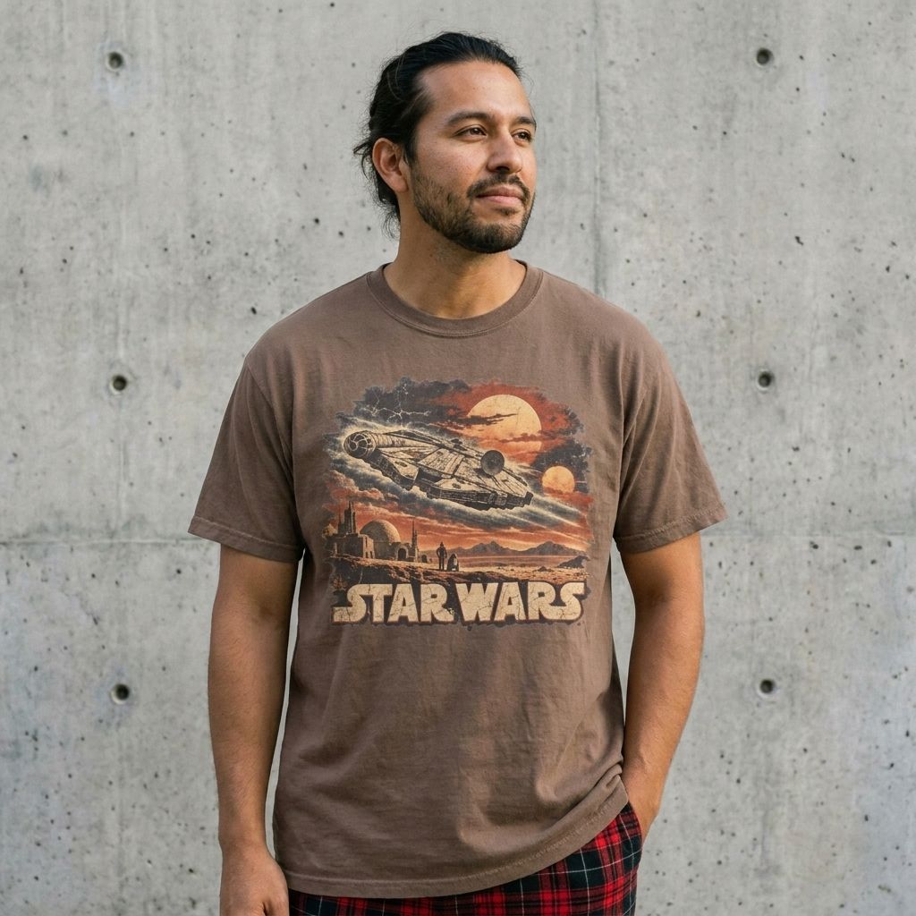 Model wearing Star Wars Vintage Millennium Falcon Tee against a cement wall