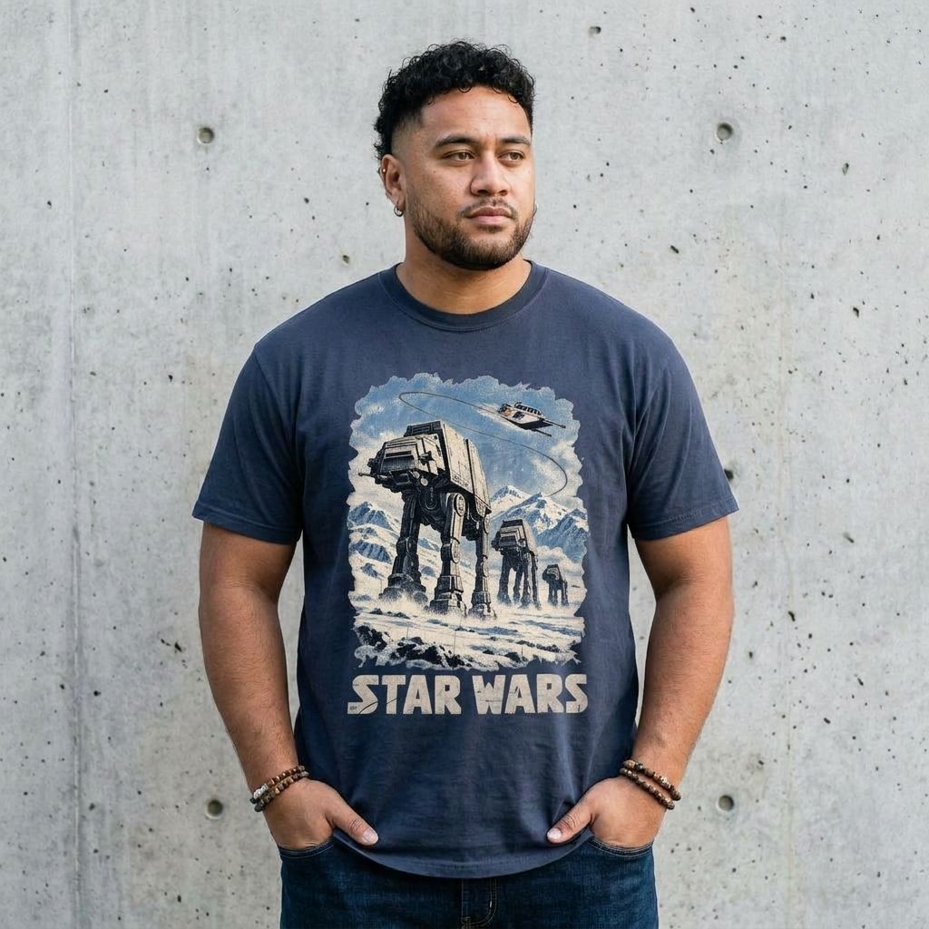 Model wearing Star Wars AT-AT Hoth Scene Tee against a cement wall