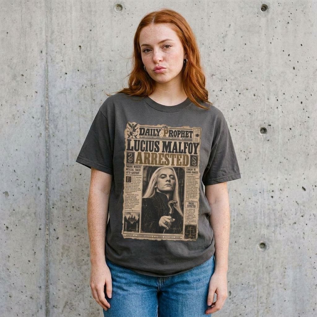 Model wearing Daily Prophet Lucius Malfoy Graphic Tee against a cement wall