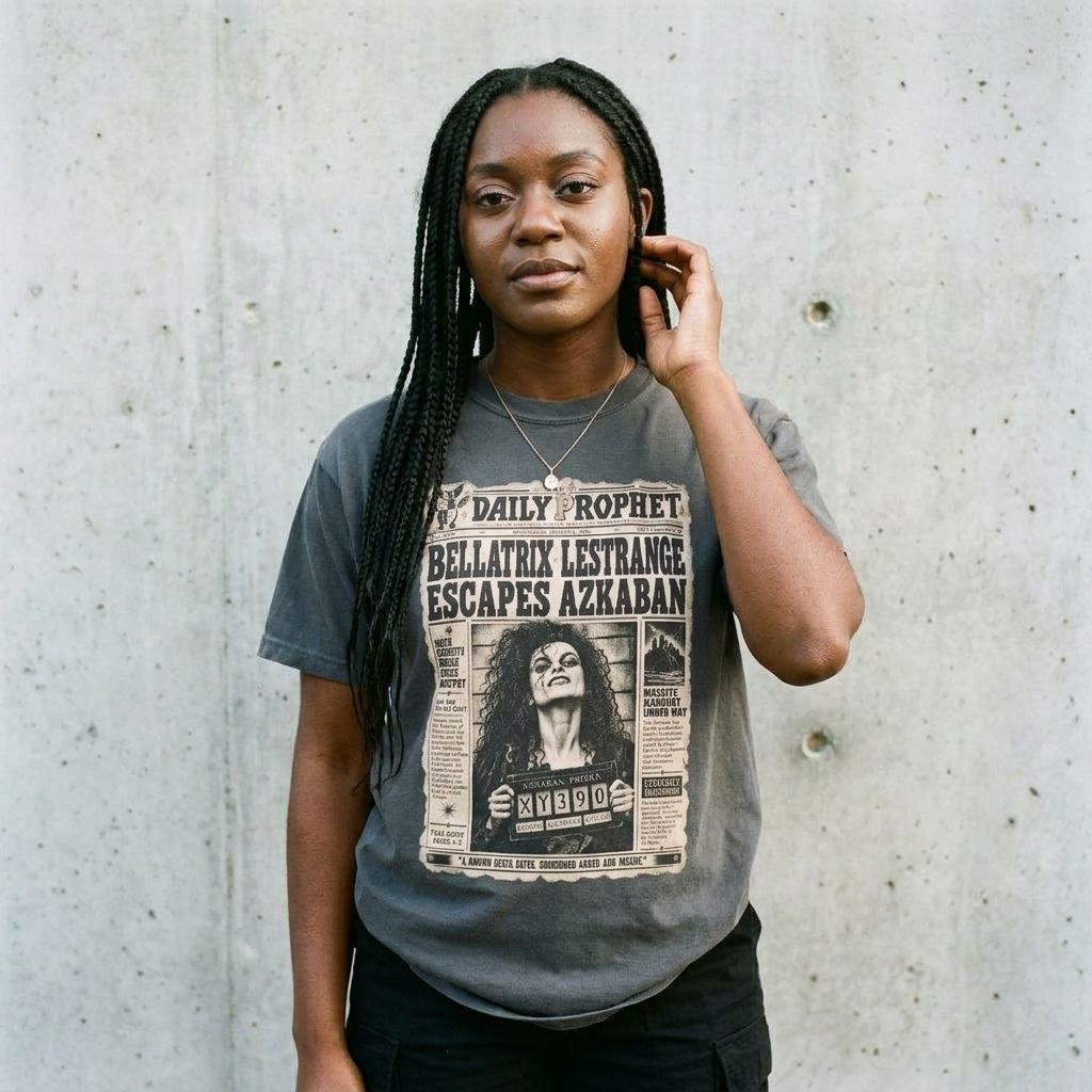 Model wearing Bellatrix Lestrange Daily Prophet Tee – Azkaban Escape Print against a cement wall