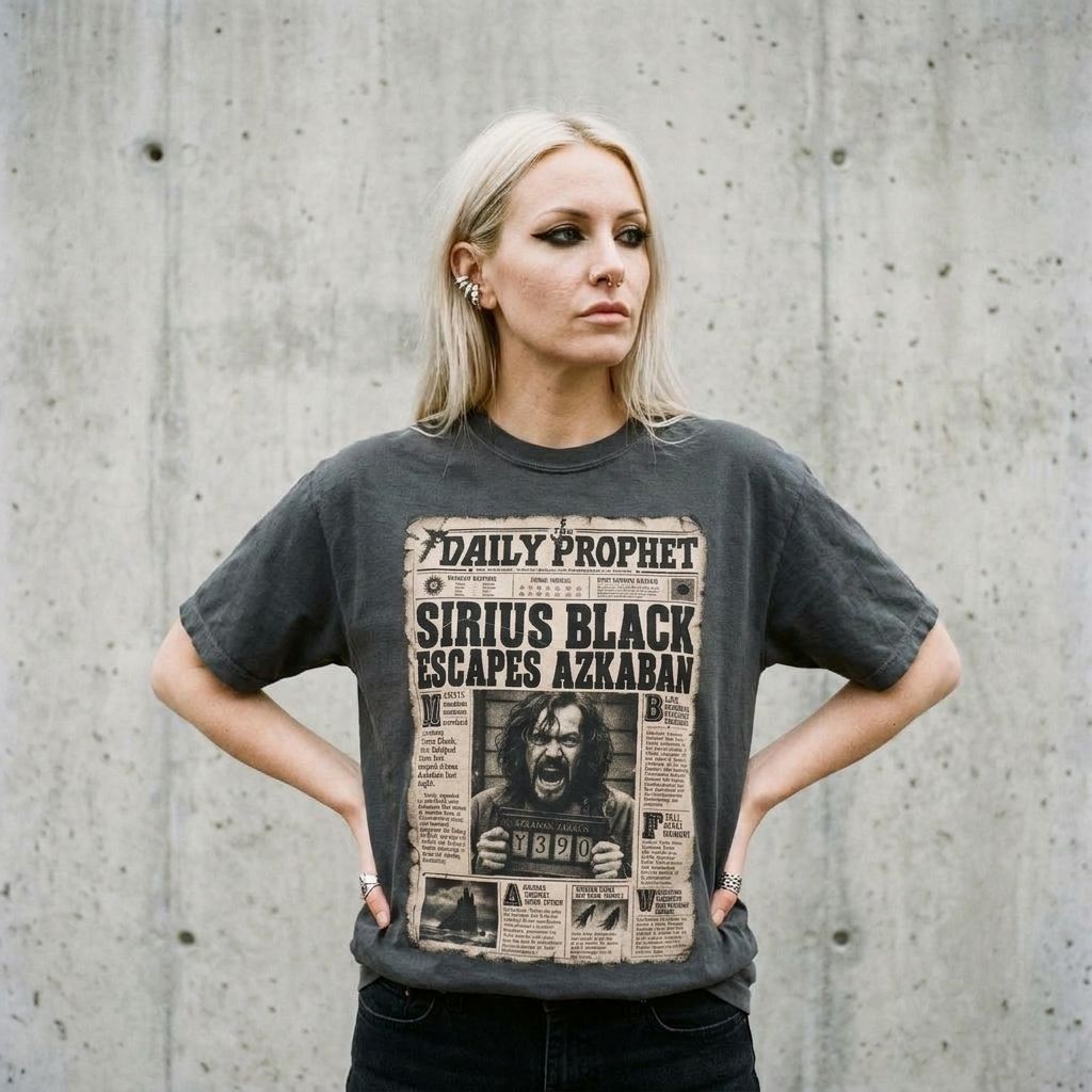 Model wearing Daily Profit Sirius Black Graphic Tee against a cement wall