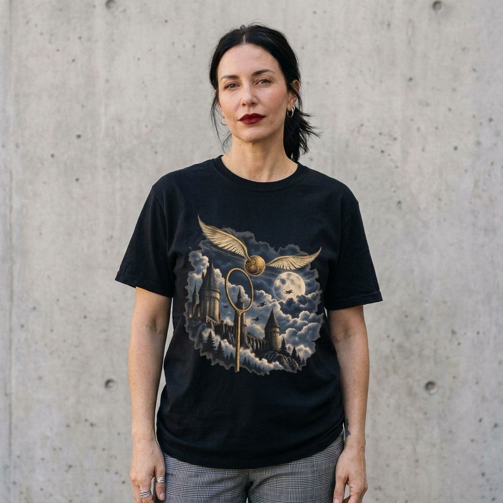 Model wearing Golden Snitch Moonlit Castle Tee – Wizarding Quidditch Shirt against a cement wall