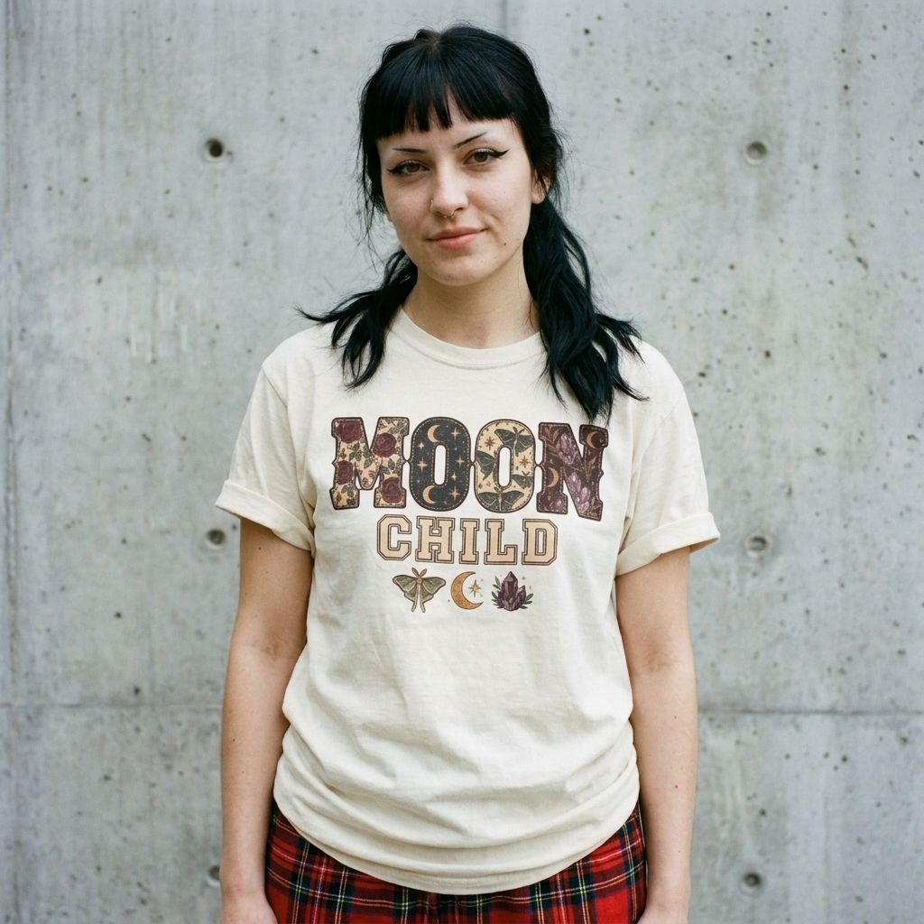 Model wearing Floral Moon Child Graphic Tee against a cement wall