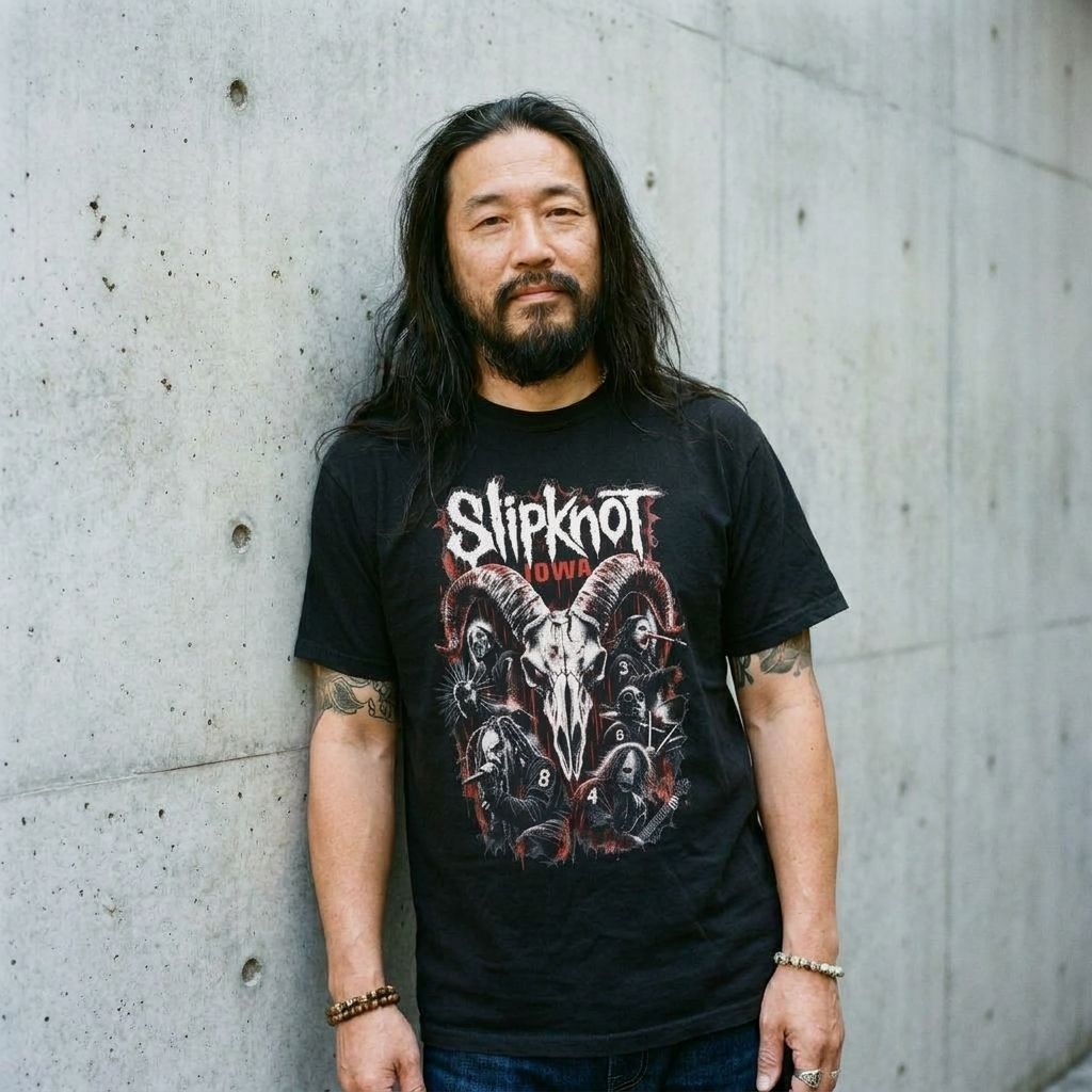 Model wearing Slipknot Iowa Graphic Band T-Shirt against a cement wall