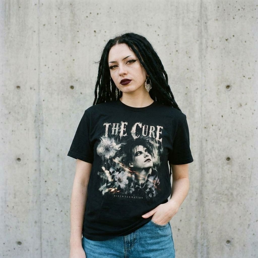 Model wearing The Cure Gothic Portrait Tee against a cement wall