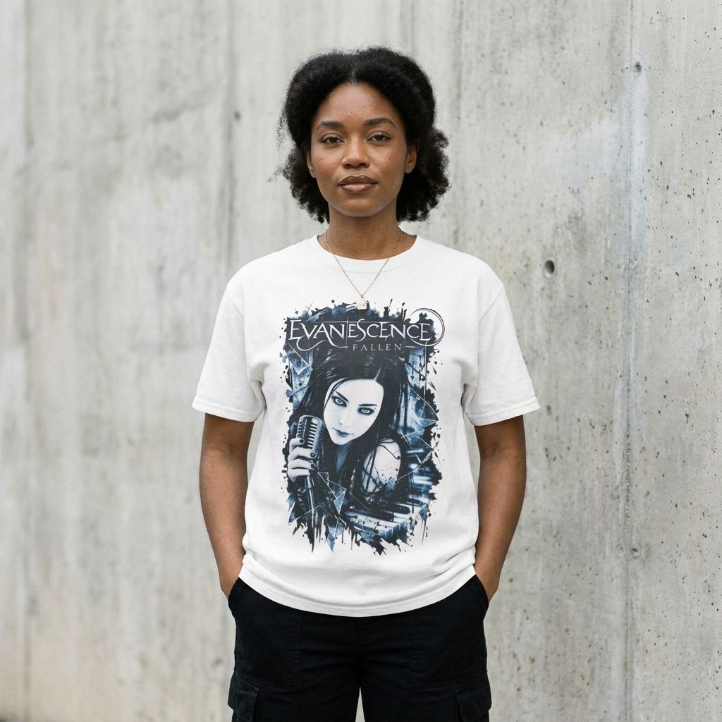 Model wearing Evanescence Vintage Band Tee against a cement wall