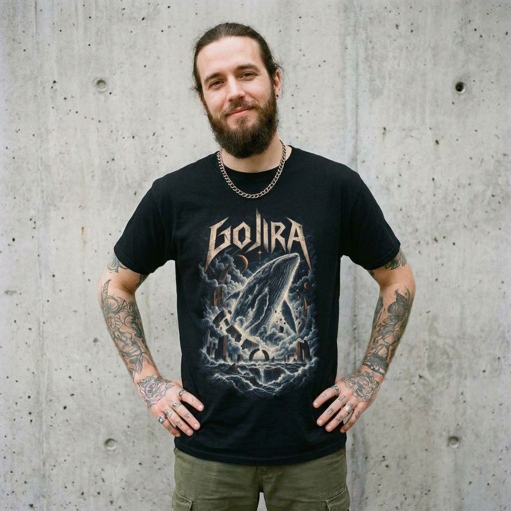 Model wearing Gojira Lightning Whale Band Tee – Metal Concert Shirt against a cement wall