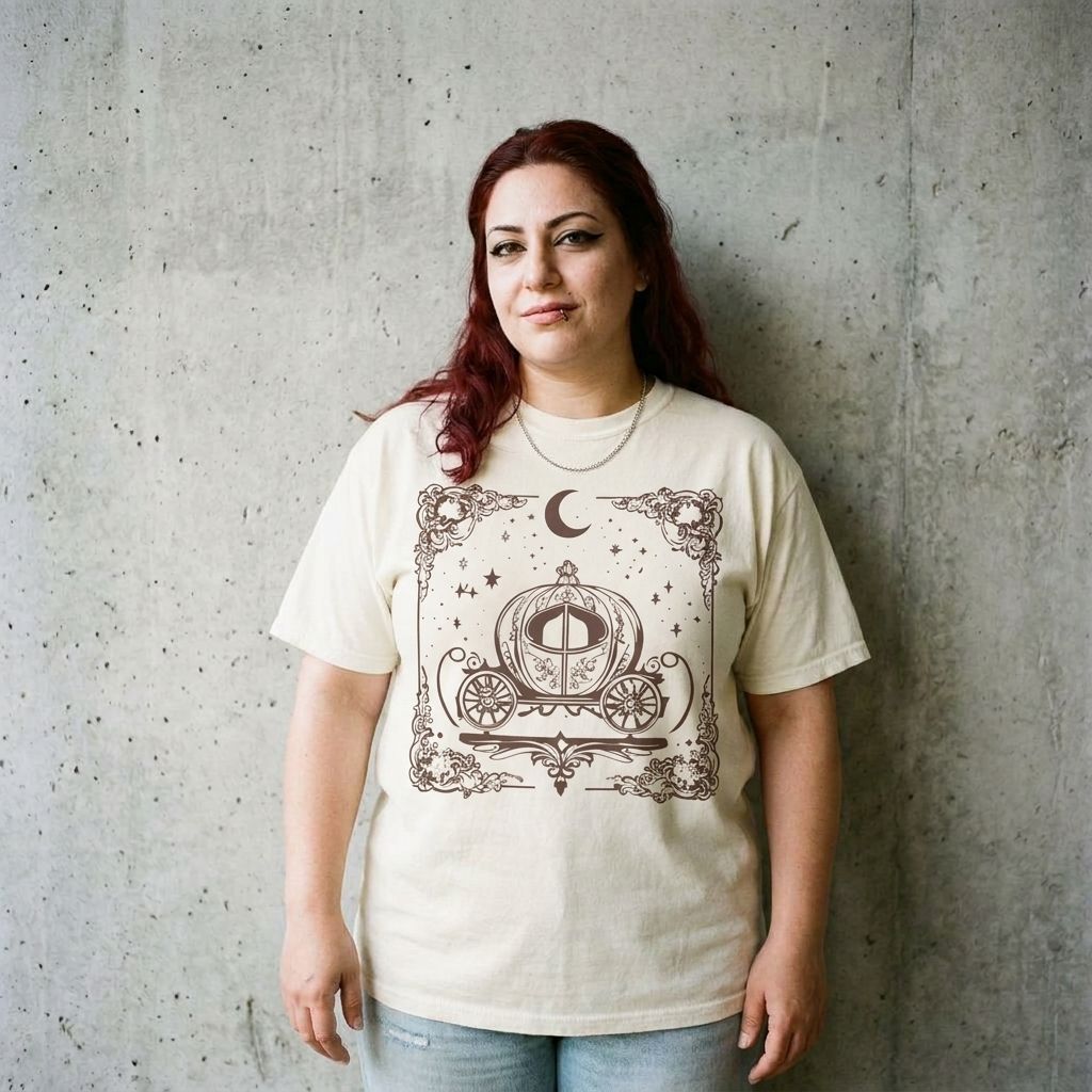 Model wearing Cinderella Carriage Tee – Vintage Storybook Graphic Shirt against a cement wall