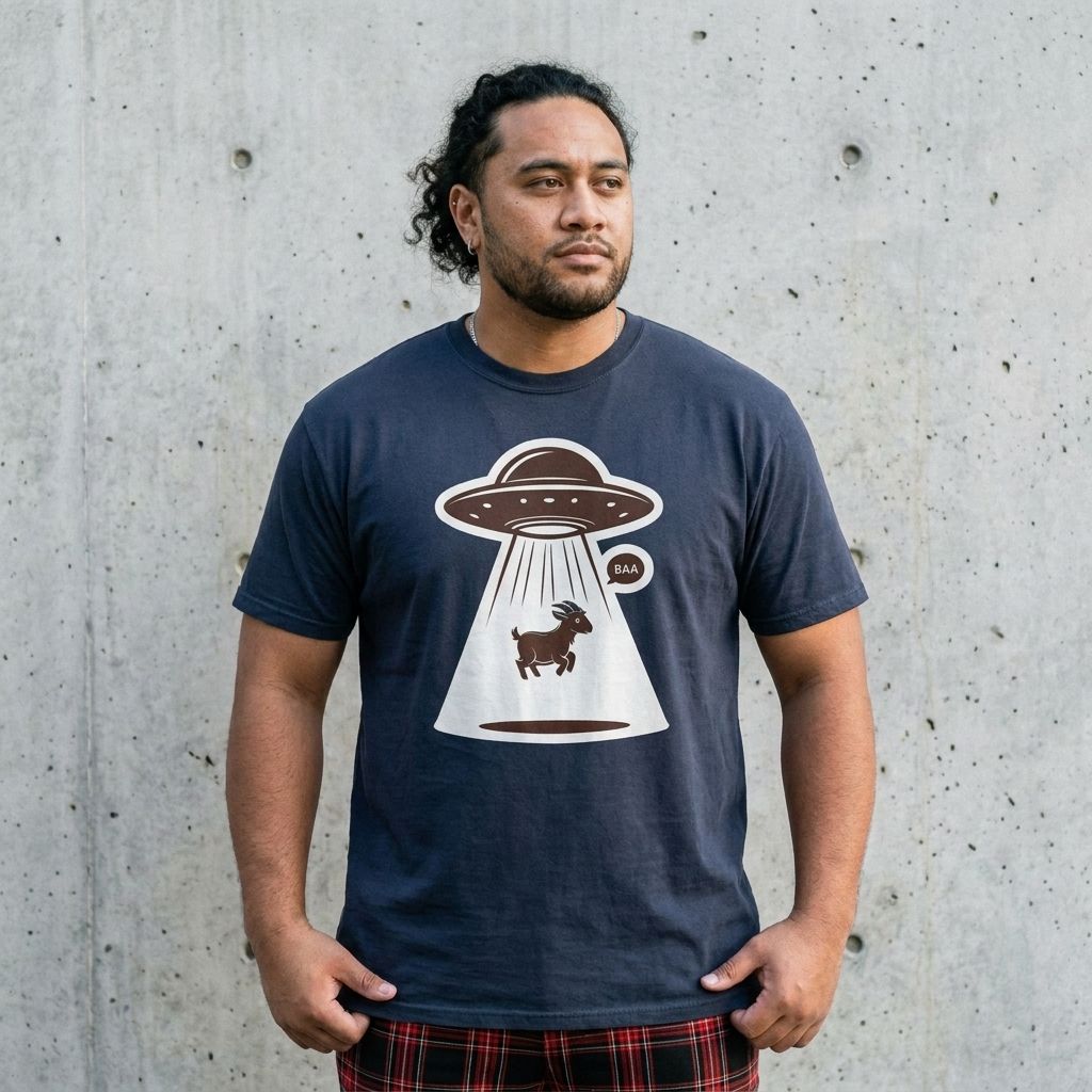 Model wearing Alien Abduction Goat Tee – Funny UFO BAA Graphic Shirt against a cement wall