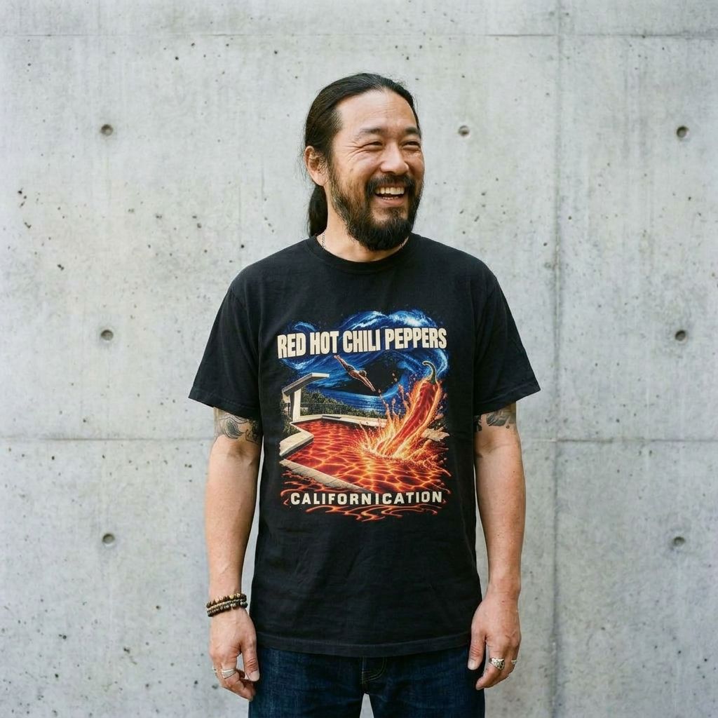 Model wearing Red Hot Chili Peppers Band Tee against a cement wall