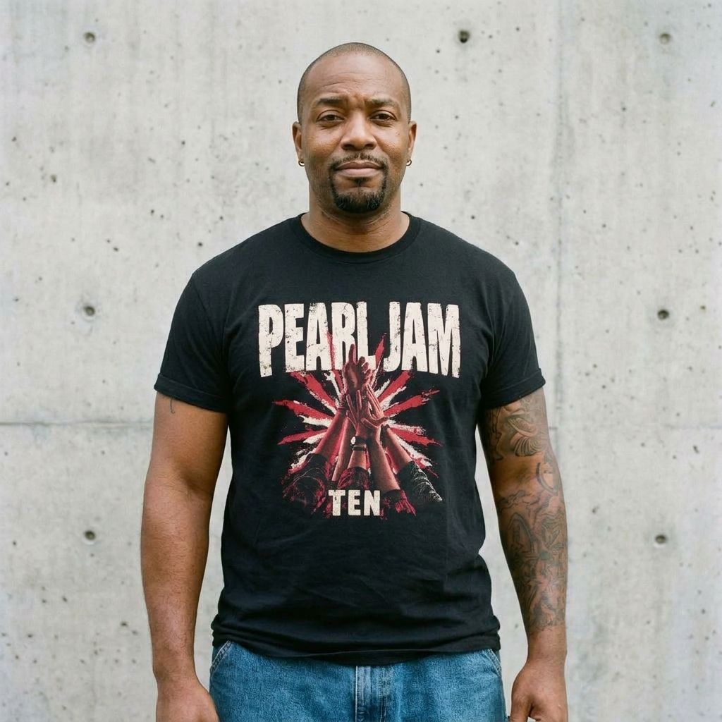 Model wearing Pearl Jam "Ten" Graphic Tee against a cement wall