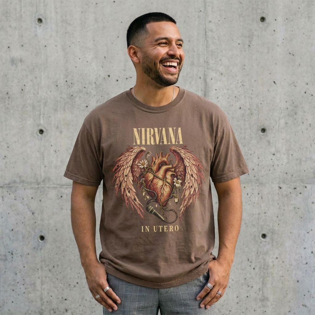 Model wearing Nirvana "In Utero" Heart Wings Tee against a cement wall