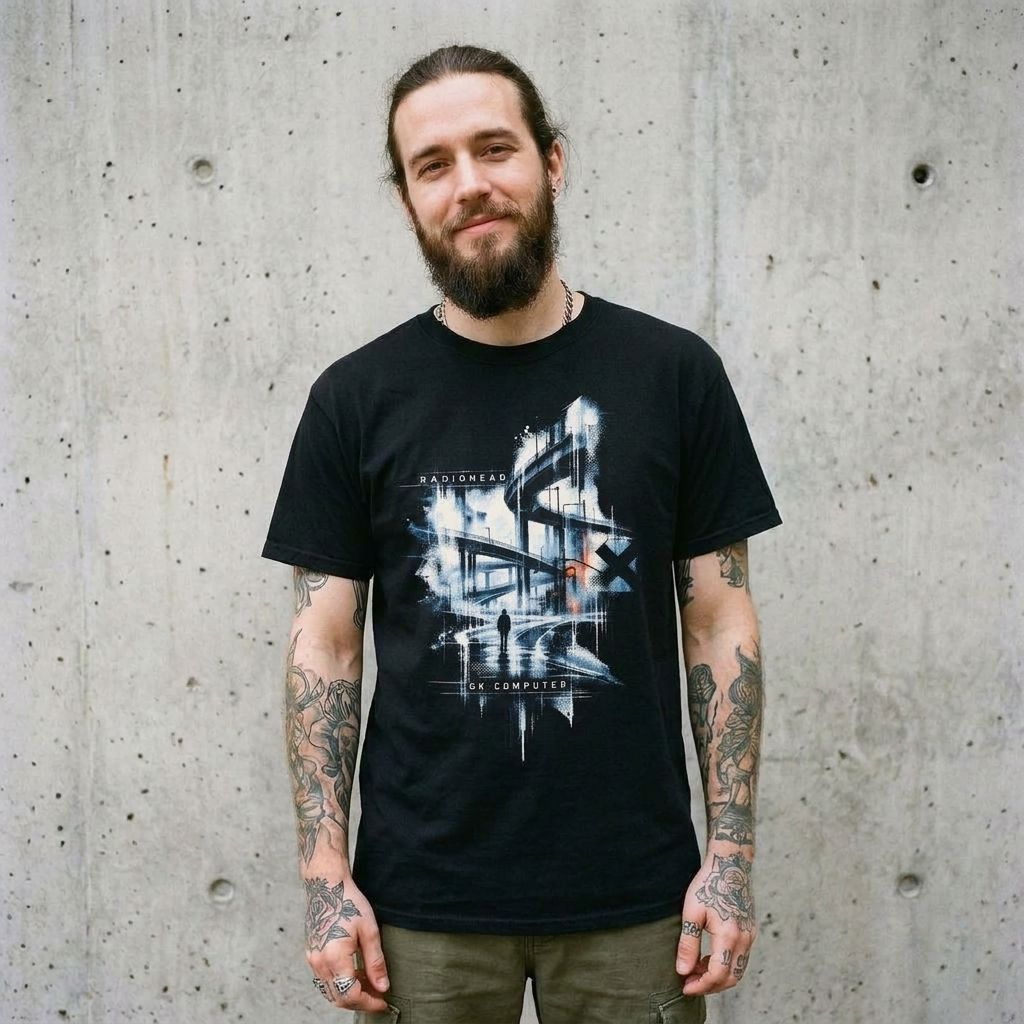 Model wearing Radiohead Graphic Band Tee against a cement wall