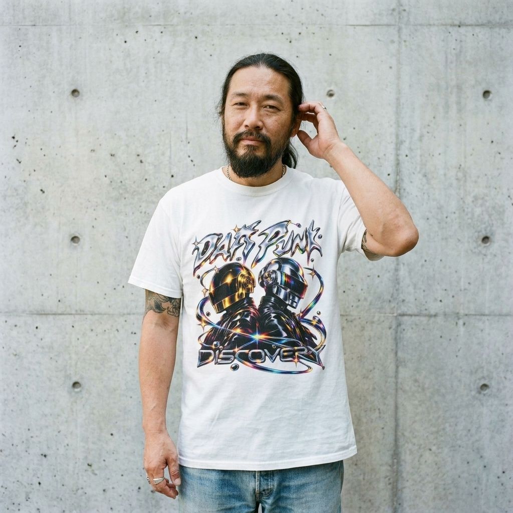 Model wearing Daft Punk Helmet Graphic Tee – Retro Neon Streetwear Shirt against a cement wall
