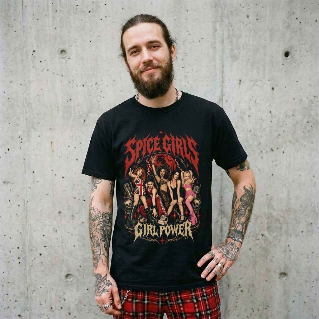 Model wearing Vintage Metal Band Tee – Retro Concert Graphic Shirt against a cement wall