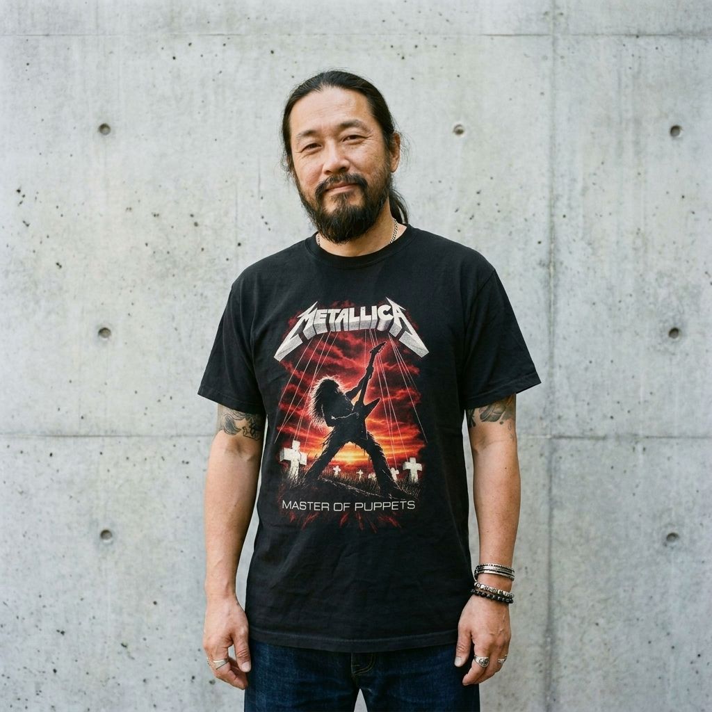 Model wearing Metallica "Master of Puppets" Graphic Tee against a cement wall