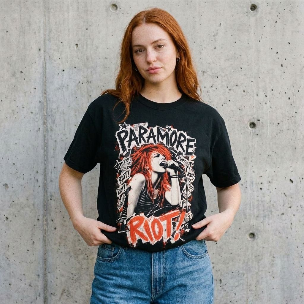 Model wearing Riot! Graphic Band Tee against a cement wall