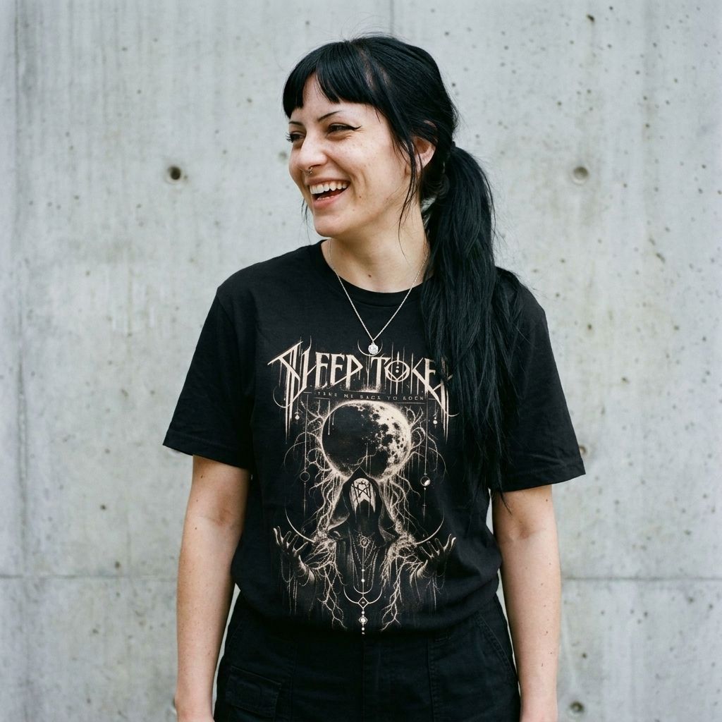 Model wearing Sleep Token Moon Tee against a cement wall