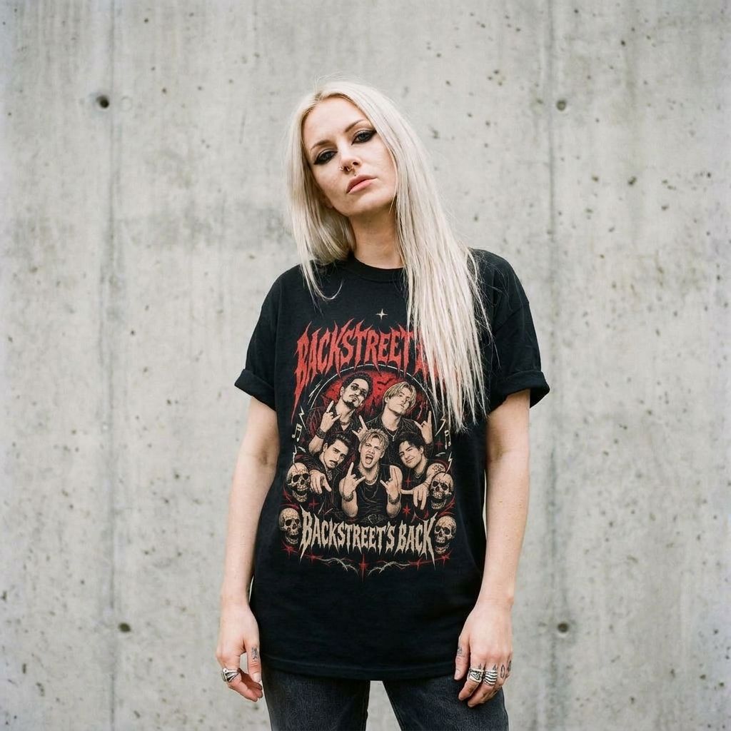 Model wearing Backstreet Boys Metal Band Tee against a cement wall