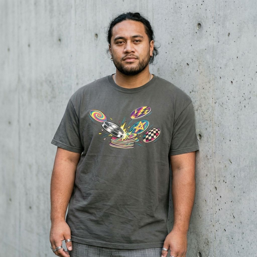 Model wearing 90's Pogs & Slammer Graphic Tee against a cement wall