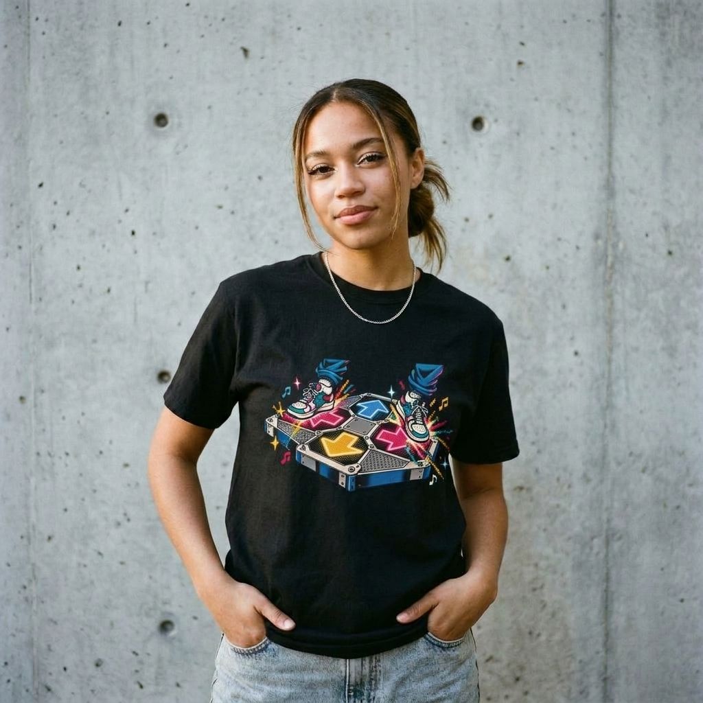 Model wearing Retro Arcade DDR Game Tee against a cement wall