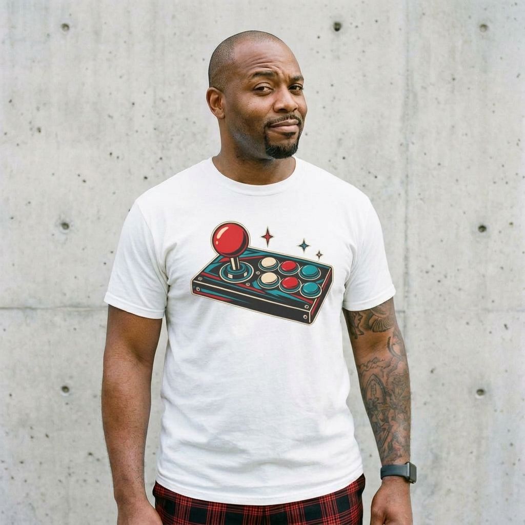 Model wearing Retro Gaming Controller Graphic Tee against a cement wall