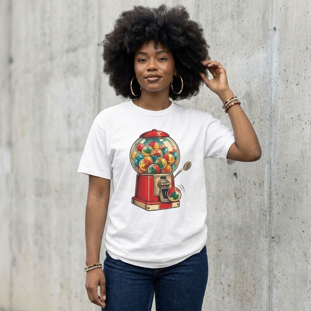 Model wearing Gumball Machine Graphic Tee against a cement wall