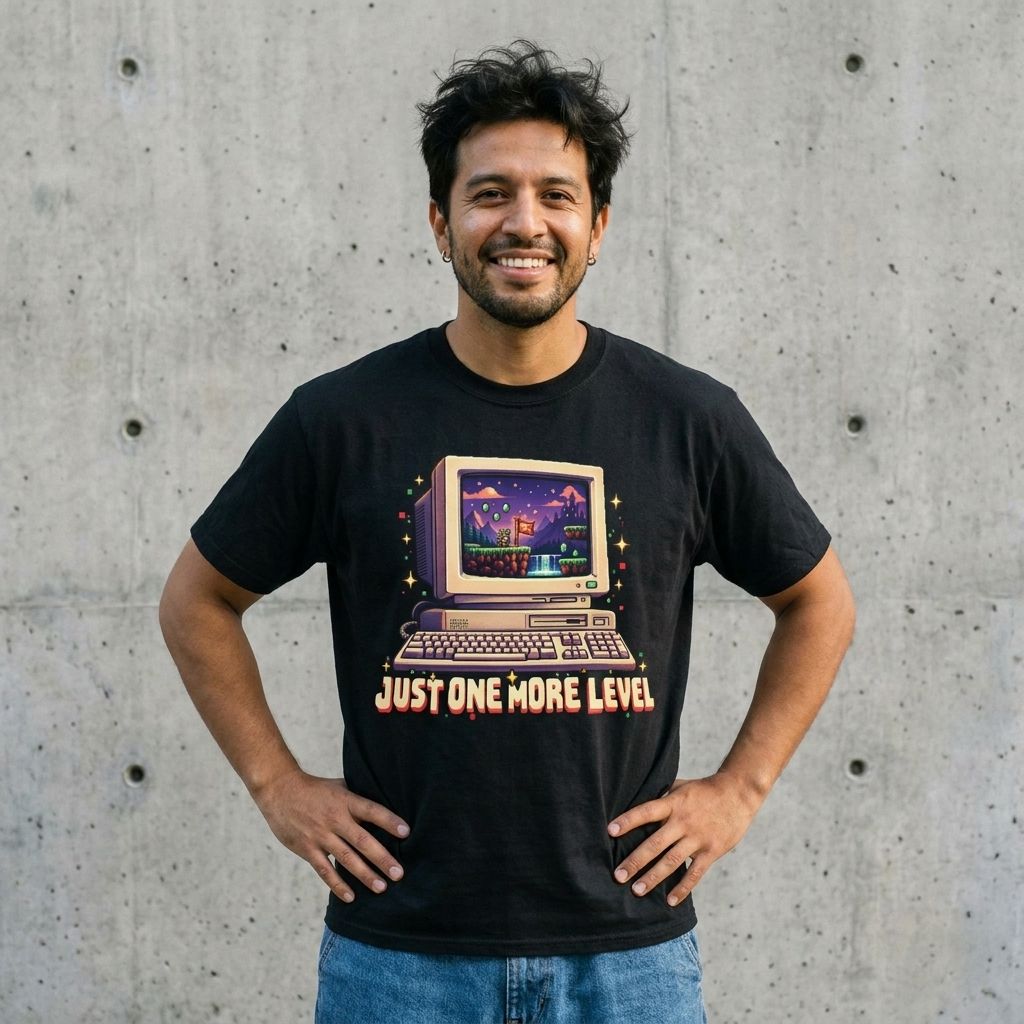 Model wearing Retro Computer 'Just One More Level' Gaming Tee against a cement wall