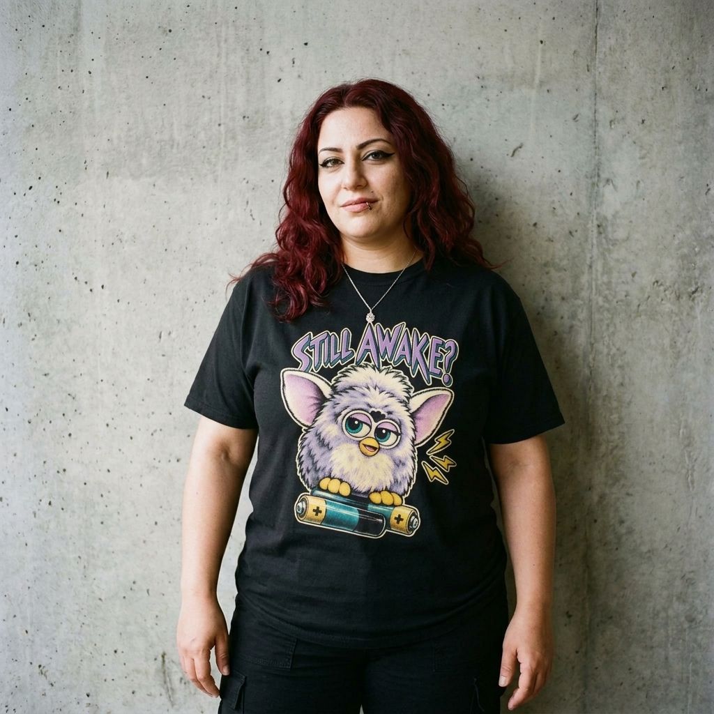 Model wearing Still Awake? Furby Graphic Tee against a cement wall