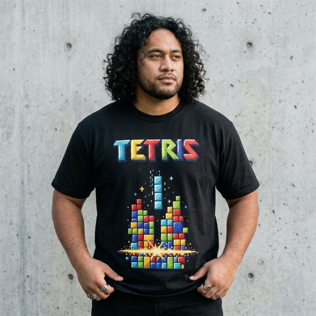 Model wearing Tetris Pixel Stack Graphic Tee – Retro Game Shirt against a cement wall