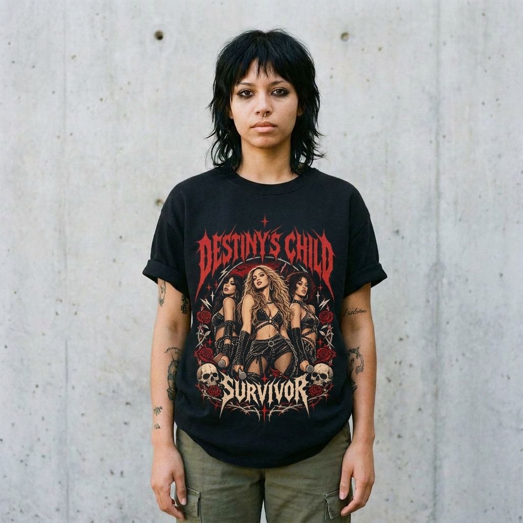 Model wearing Destiny's Child Metal Tee against a cement wall
