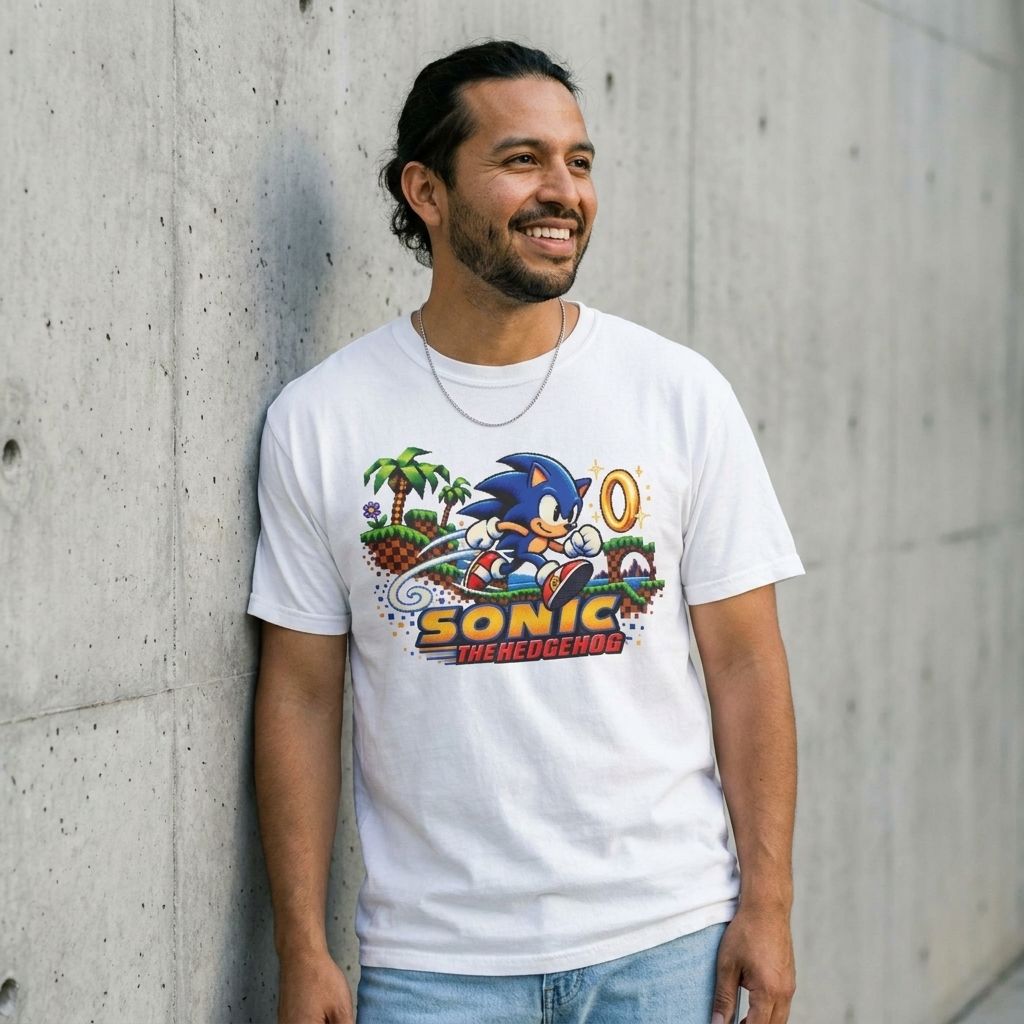 Model wearing Sonic The Hedgehog Tee against a cement wall