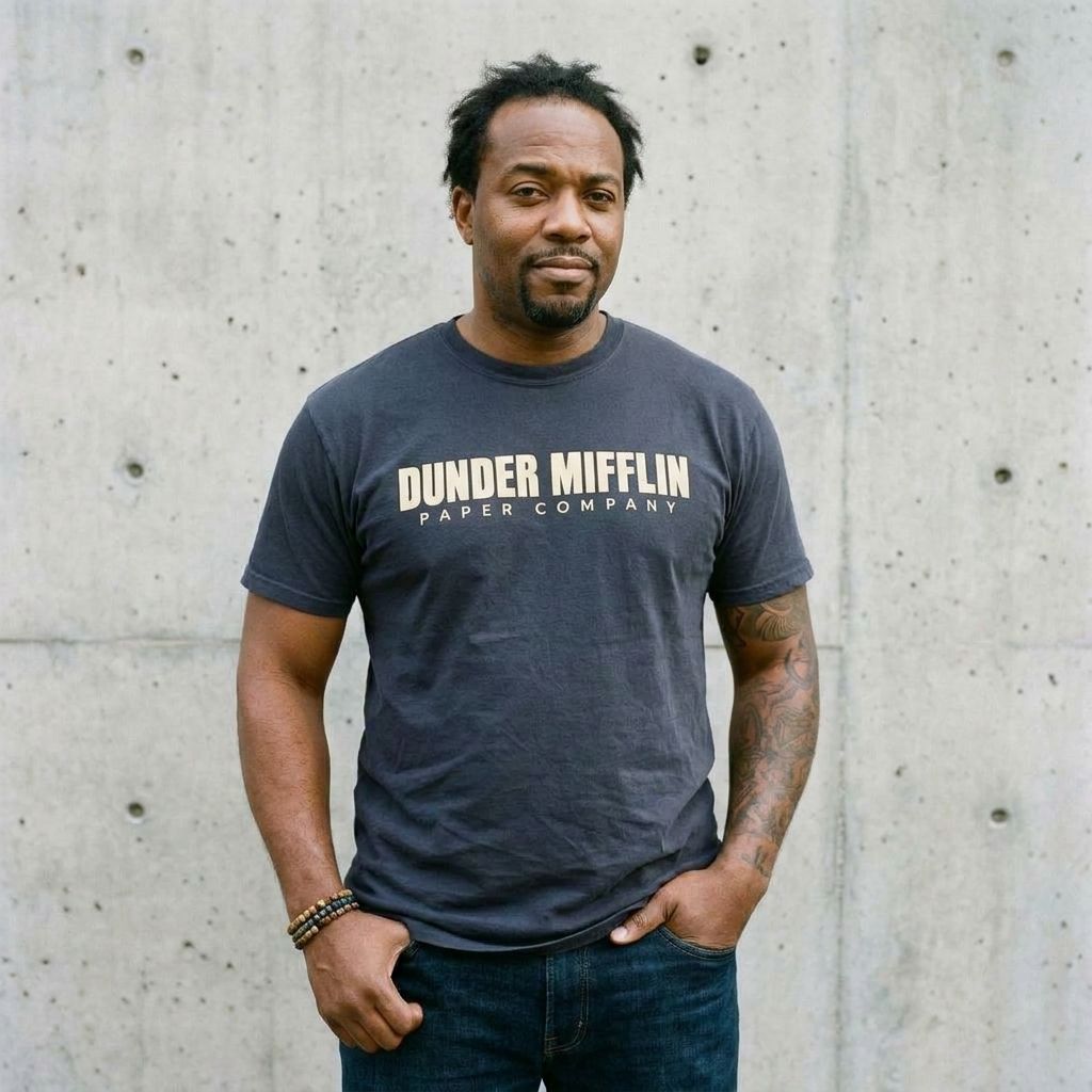 Model wearing The Office Duner Mifflin Graphic Tee against a cement wall