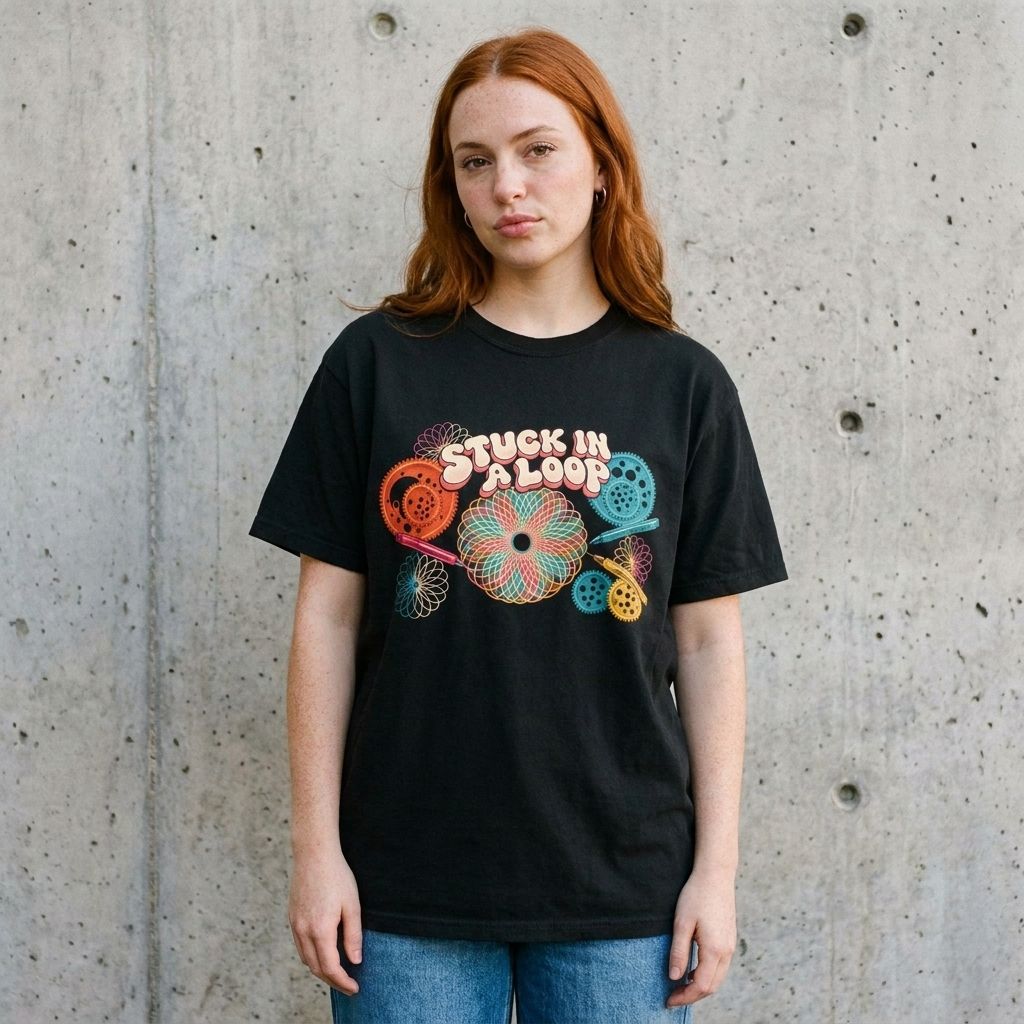 Model wearing Retro Spirograph Graphic Tee against a cement wall