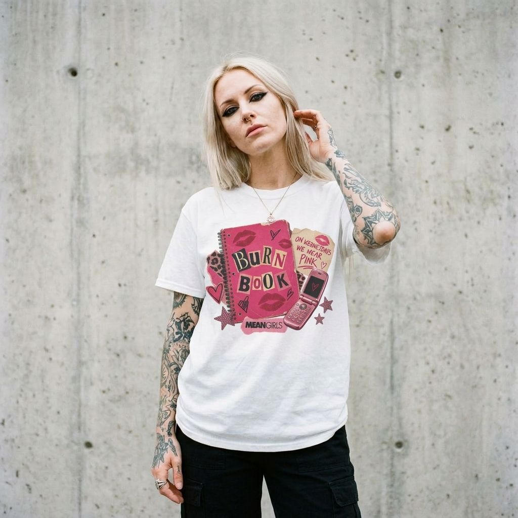 Model wearing Mean Girls Burn Book Graphic Tee against a cement wall