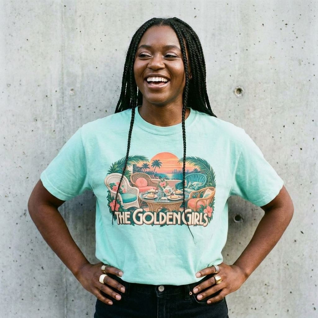 Model wearing Golden Girls Retro Sunset Tee against a cement wall