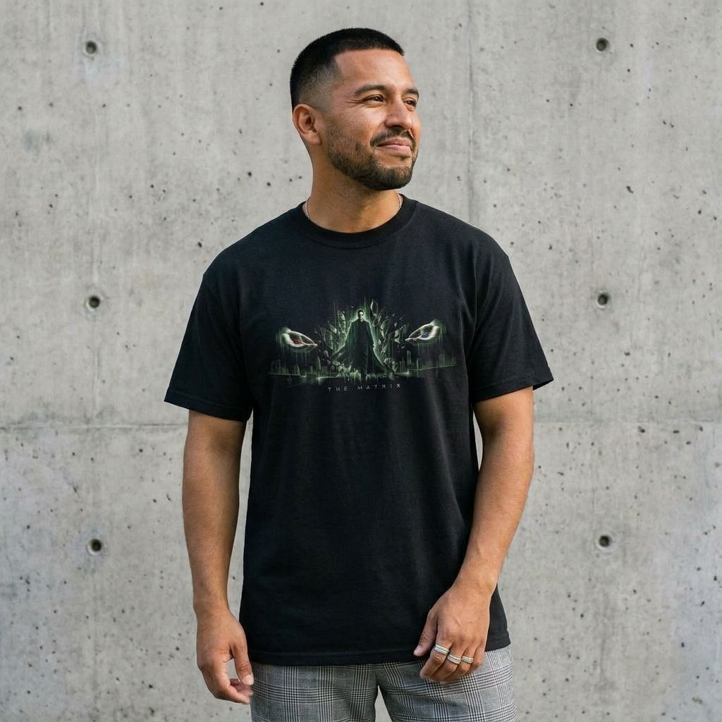 Model wearing The Matrix Graphic Tee against a cement wall