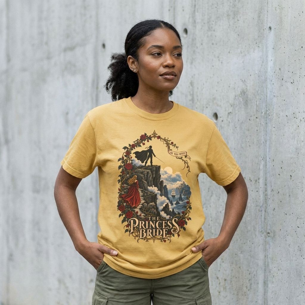 Model wearing Princess Bride Graphic Tee against a cement wall