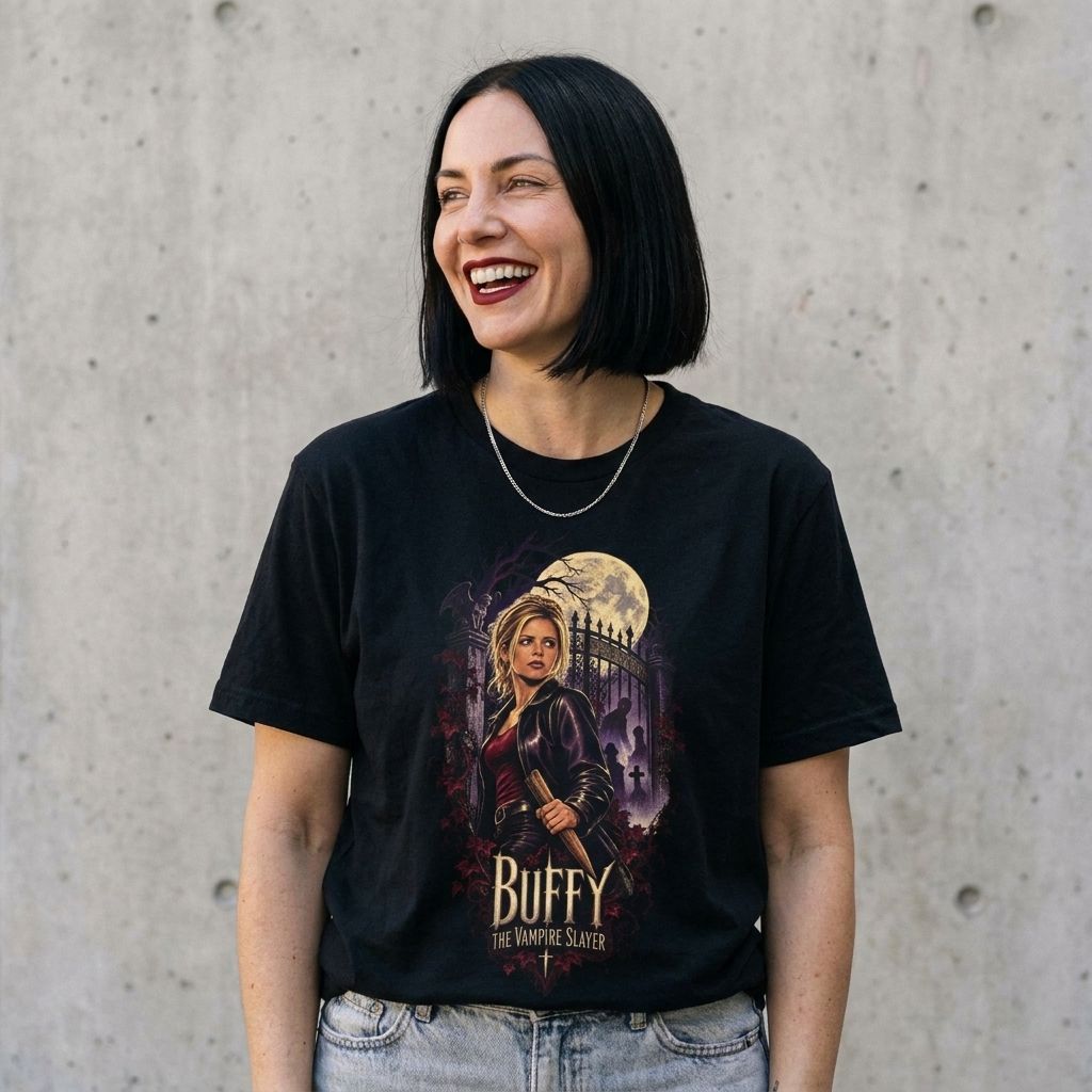Model wearing Buffy The Vampire Slayer Graphic Tee against a cement wall