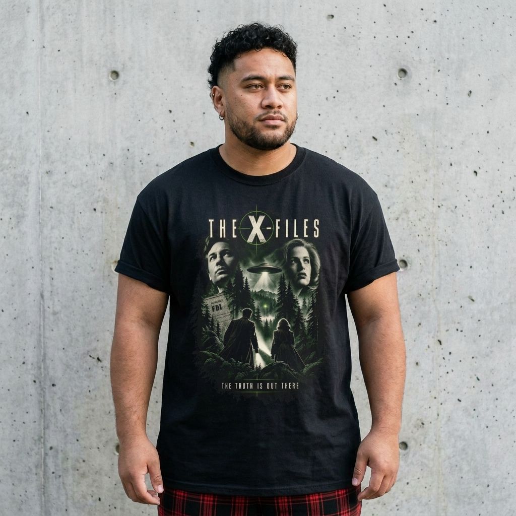 Model wearing The X-Files Graphic Tee against a cement wall