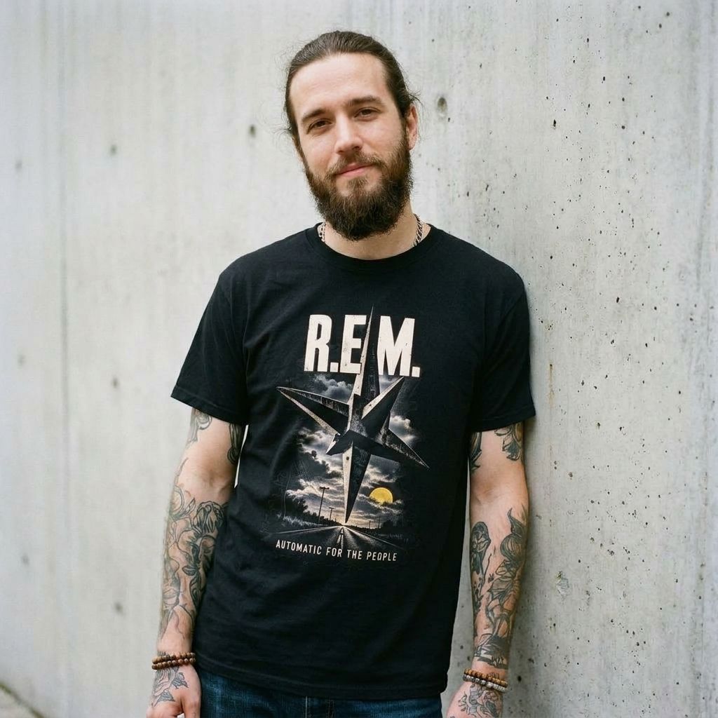 Model wearing REM Band Tee – Vintage Compass Concert Graphic Shirt against a cement wall