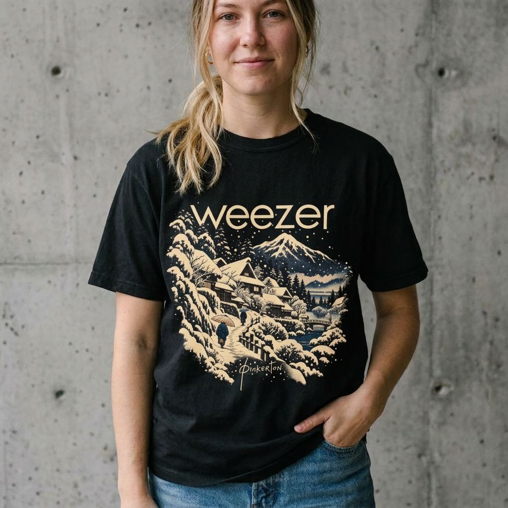 Model wearing Weezer Winter Village Tee against a cement wall
