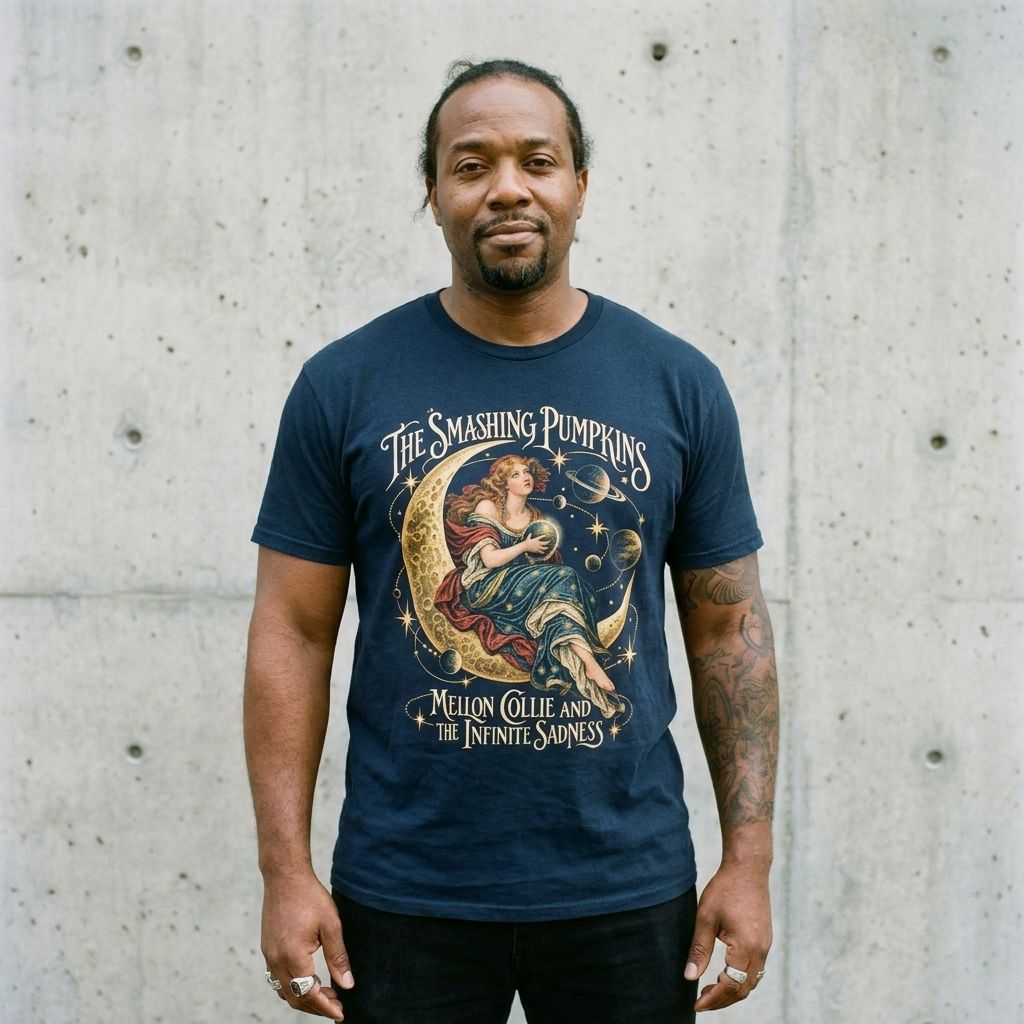 Model wearing The Smashing Pumpkins Graphic Tee against a cement wall