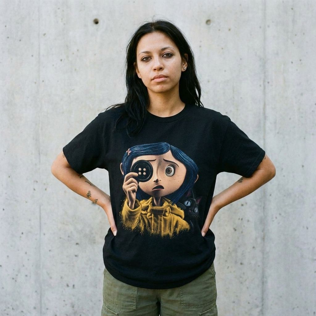 Model wearing Coraline Button-Eye Graphic Tee against a cement wall