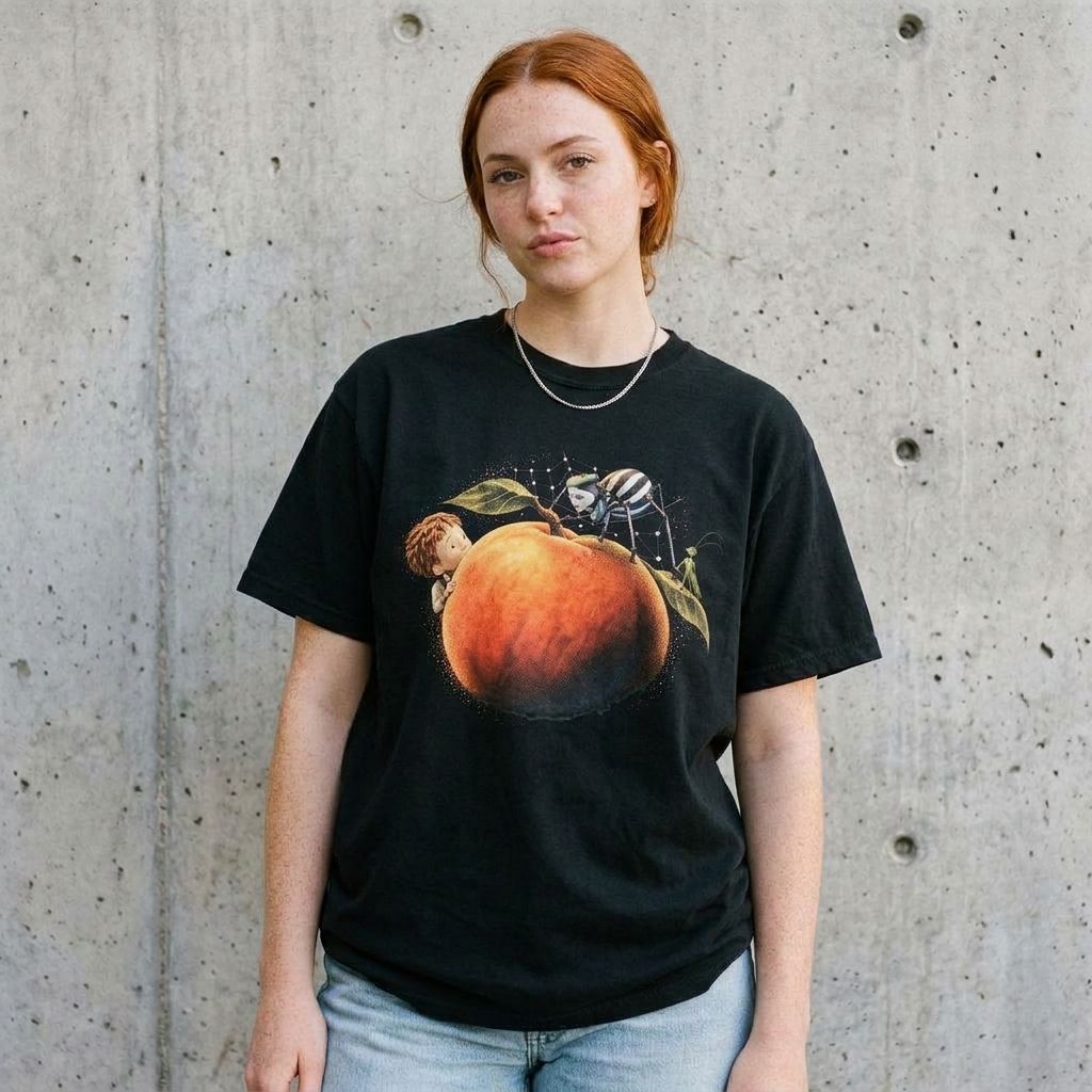 Model wearing James & The Giant Peach Graphic Tee against a cement wall
