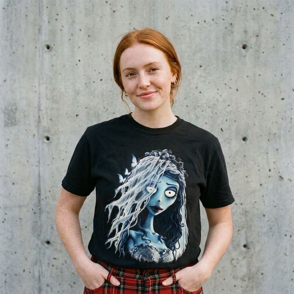 Model wearing Corpse Bride Portrait Tee against a cement wall