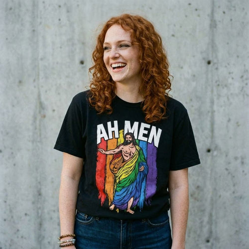 Model wearing Ah Men Rainbow Jesus Tee against a cement wall