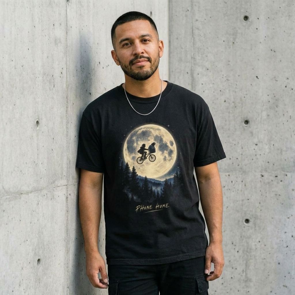 Model wearing E.T. "Phone Home" Retro Graphic Tee against a cement wall